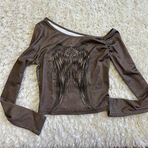 Shein Brown Long Sleeve Top with Distressed Wing Design
